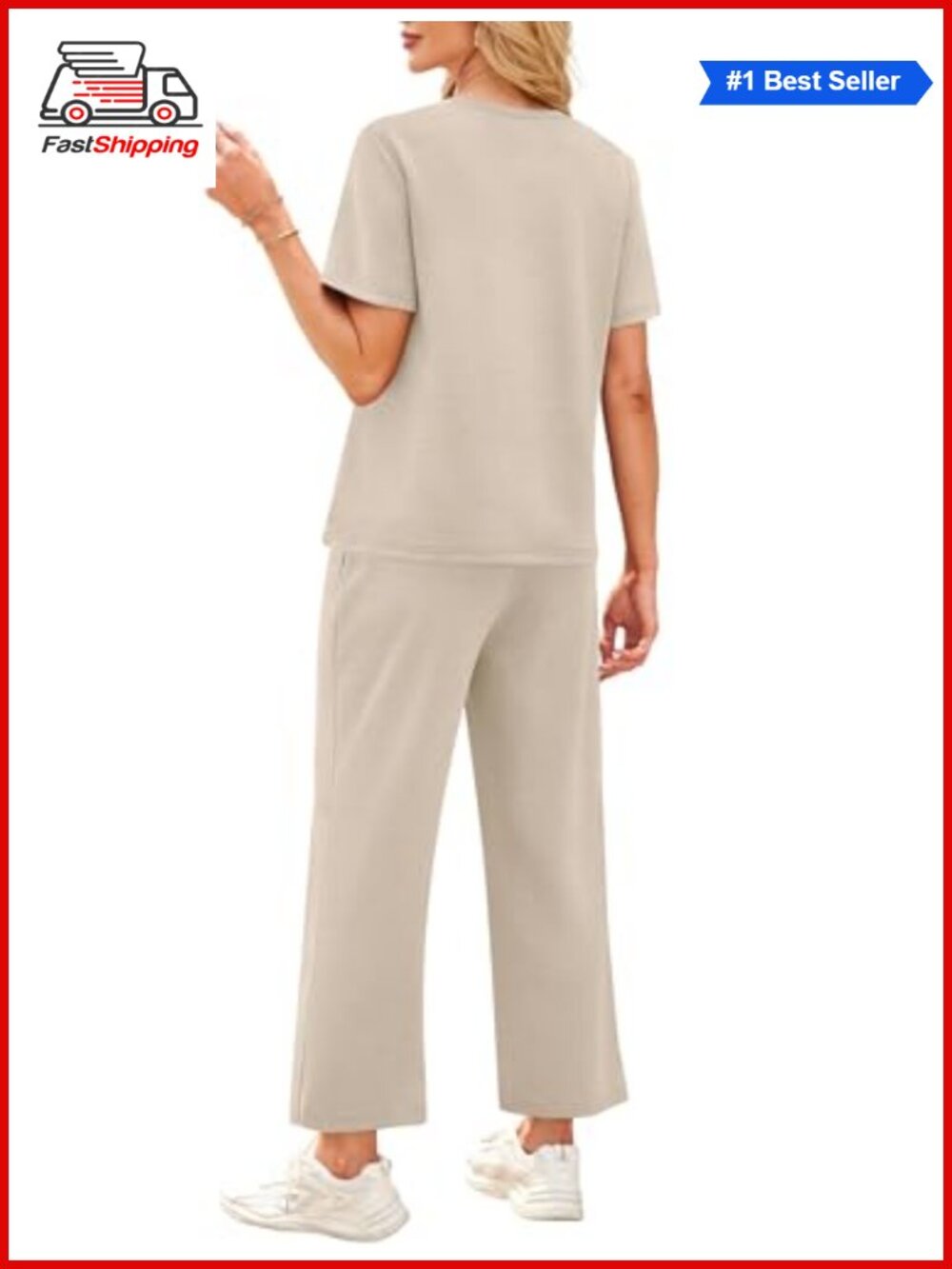 β¨WIHOLL 2 Piece Set Womens Short Sleeve Top Wide Leg Crop Pants Lounge Travel - Picture 4 of 6